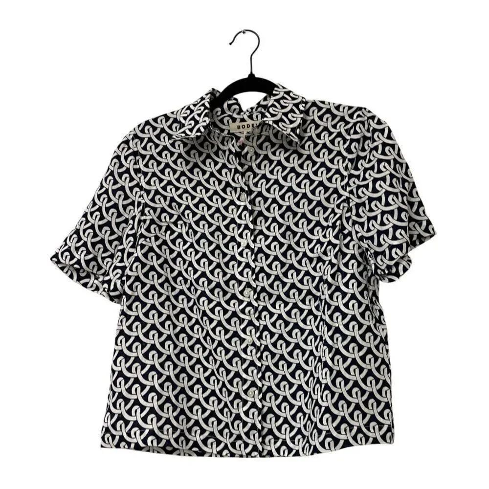 Boden Womens Button Up UK 6 US 2 Navy White Hazel Short Sleeve Linen Shirt NWT